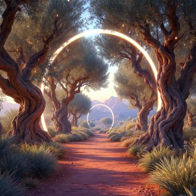 The primary subject of the image is a pathway surrounded by trees, creating a serene and peaceful atmosphere. The setting is a natural environment with a dirt road and a mountain in the background. The visual style is a combination of photo and digital art, giving the scene a unique and artistic touch. The colors and mood are predominantly earthy tones, such as red and brown, which evoke a sense of tranquility and connection to nature.
